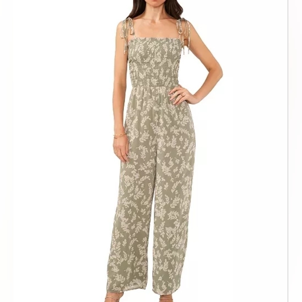 1.State Jumpsuit Women's Tie Shoulder Smocked Bodice Size Small Sage Gre…